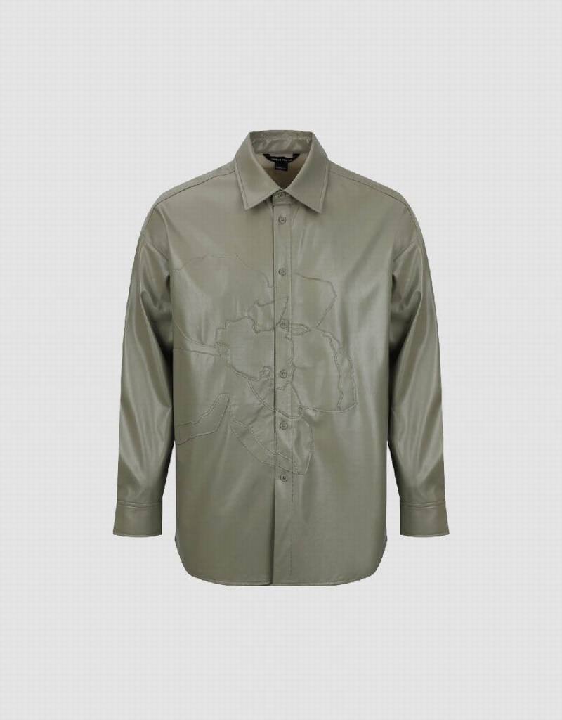 Chemises Urban Revivo Vegan Cuir Loose Homme Vert | FAO5721BK