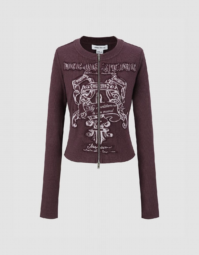 Chemises Urban Revivo Zippé Front Printed Crew Neck Femme Violette | PNY6330UY