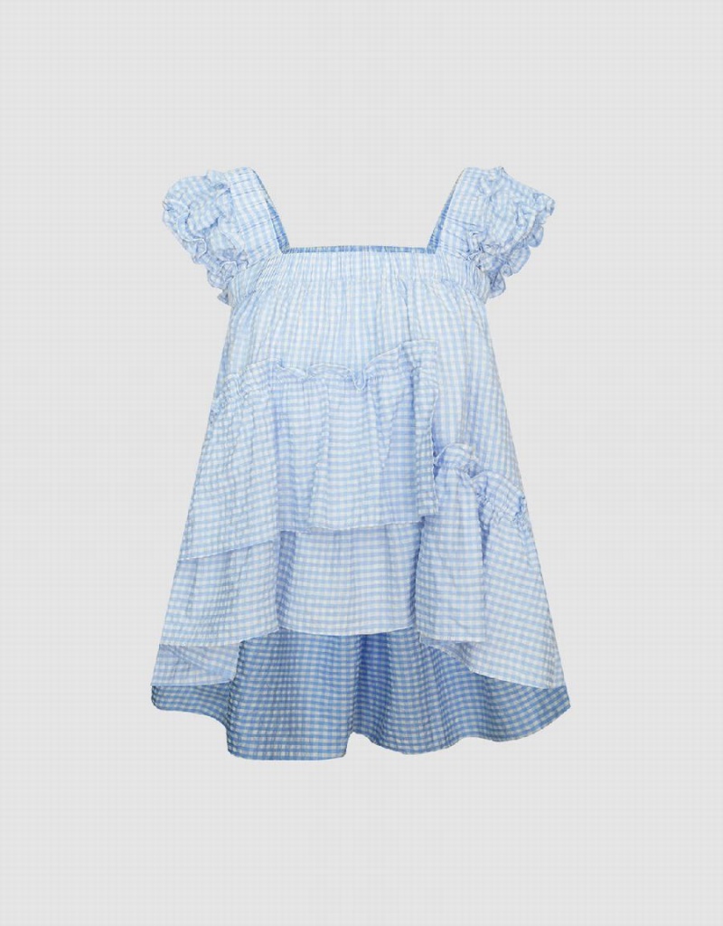 Chemisier Urban Revivo Butterfly Sleeve Plaid Checkered Femme Bleu | LKI7511NW
