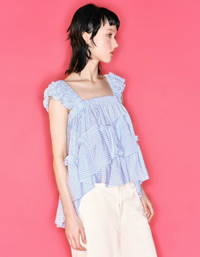 Chemisier Urban Revivo Butterfly Sleeve Plaid Checkered Femme Bleu | LKI7511NW