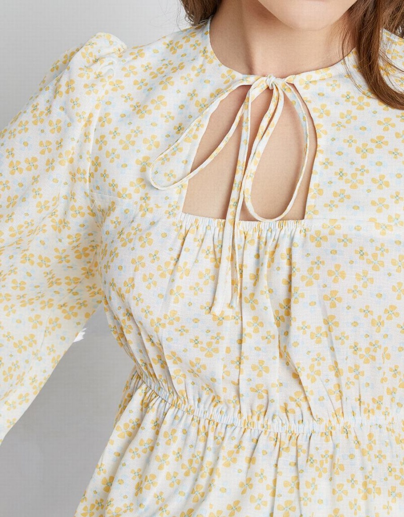Chemisier Urban Revivo Floral Print Cut Out Femme Jaune | DSJ946SZ