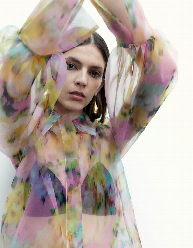 Chemisier Urban Revivo Flowers Printed Sheer Overhead Femme Multicolore | JAL5240OP