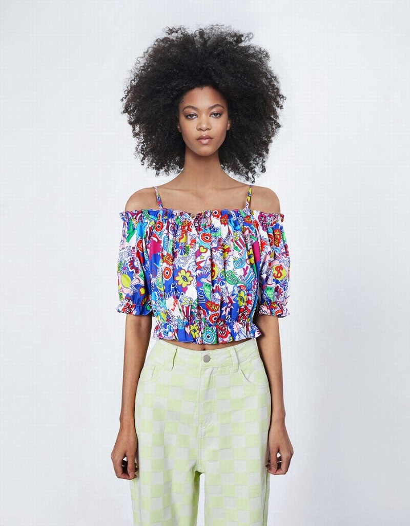 Chemisier Urban Revivo Graffiti Print Off Shoulder Top Femme Rouge | AWD7054DZ
