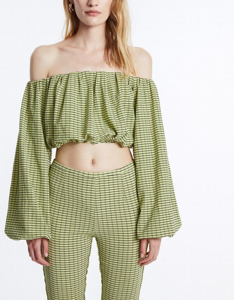 Chemisier Urban Revivo Off Shoulder Plaid Long Sleeve Top Femme Vert | DDO30100CB