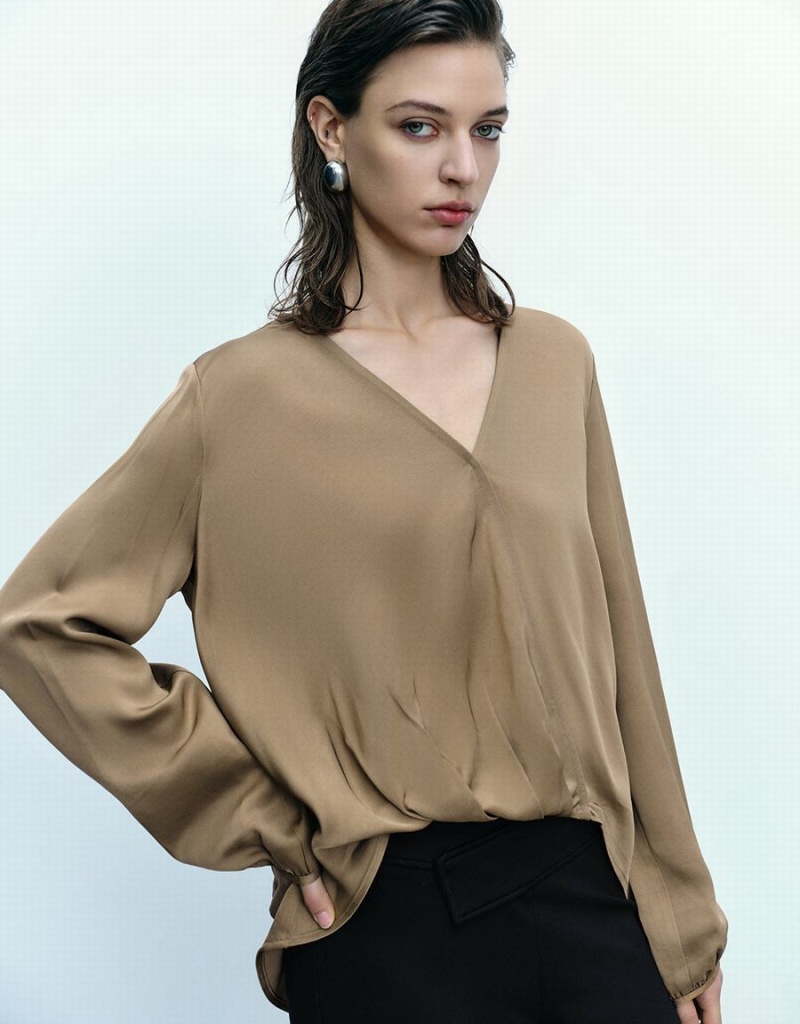 Chemisier Urban Revivo Surplice Front V-Neck Overhead Femme Marron | SAG8883PZ