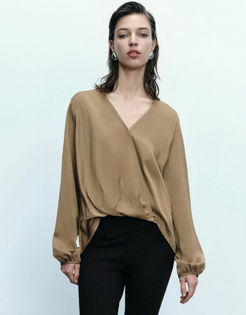Chemisier Urban Revivo Surplice Front V-Neck Overhead Femme Marron | SAG8883PZ