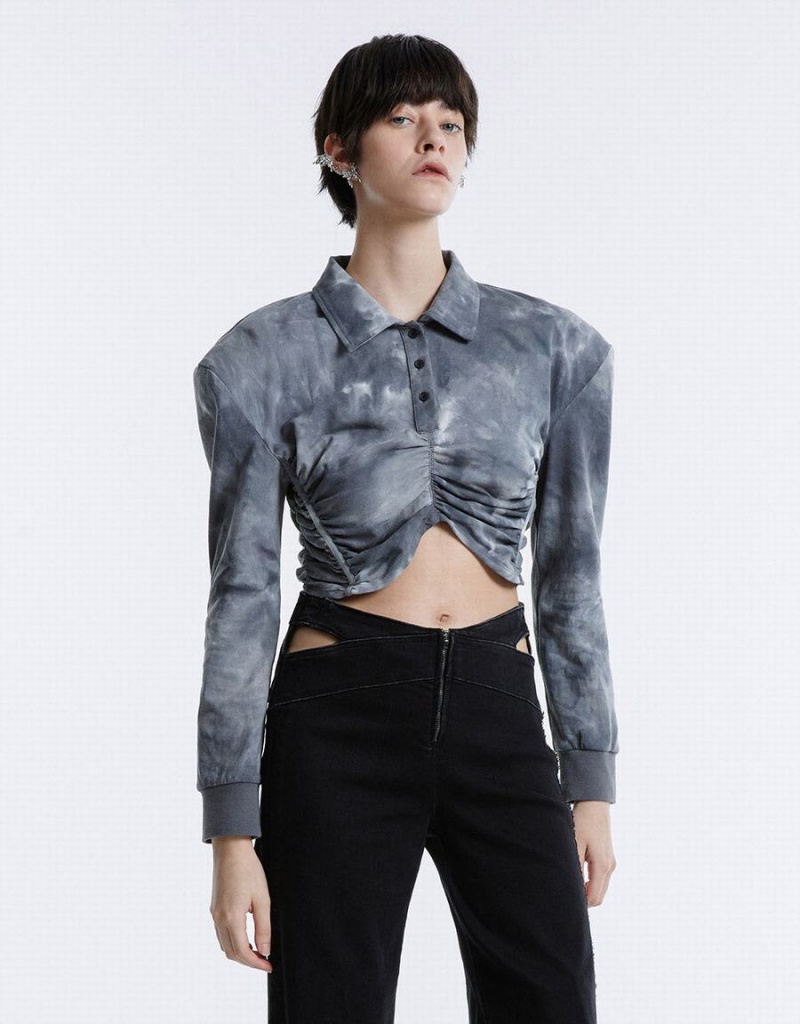 Chemisier Urban Revivo Tie-Dye Ruched Crop Femme Grise | ZCX5071PA