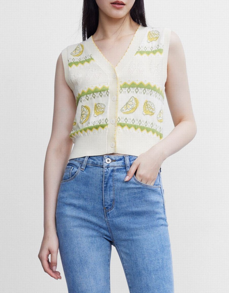 Debardeur Urban Revivo Lemon Print Button Front Tricoté Femme Blanche | CHZ1878YS