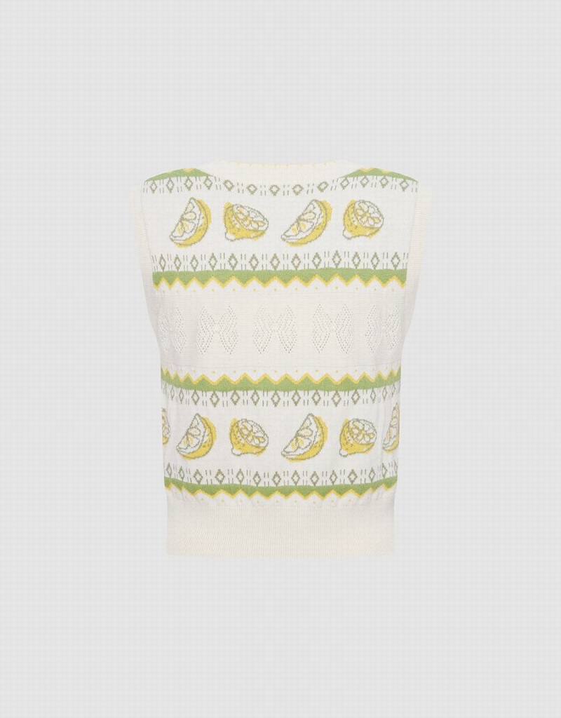 Debardeur Urban Revivo Lemon Print Button Front Tricoté Femme Blanche | CHZ1878YS
