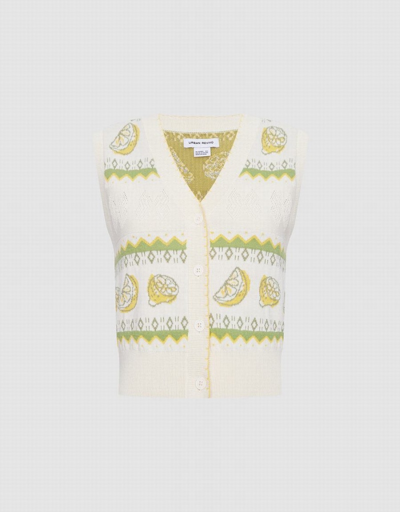 Debardeur Urban Revivo Lemon Print Button Front Tricoté Femme Blanche | CHZ1878YS