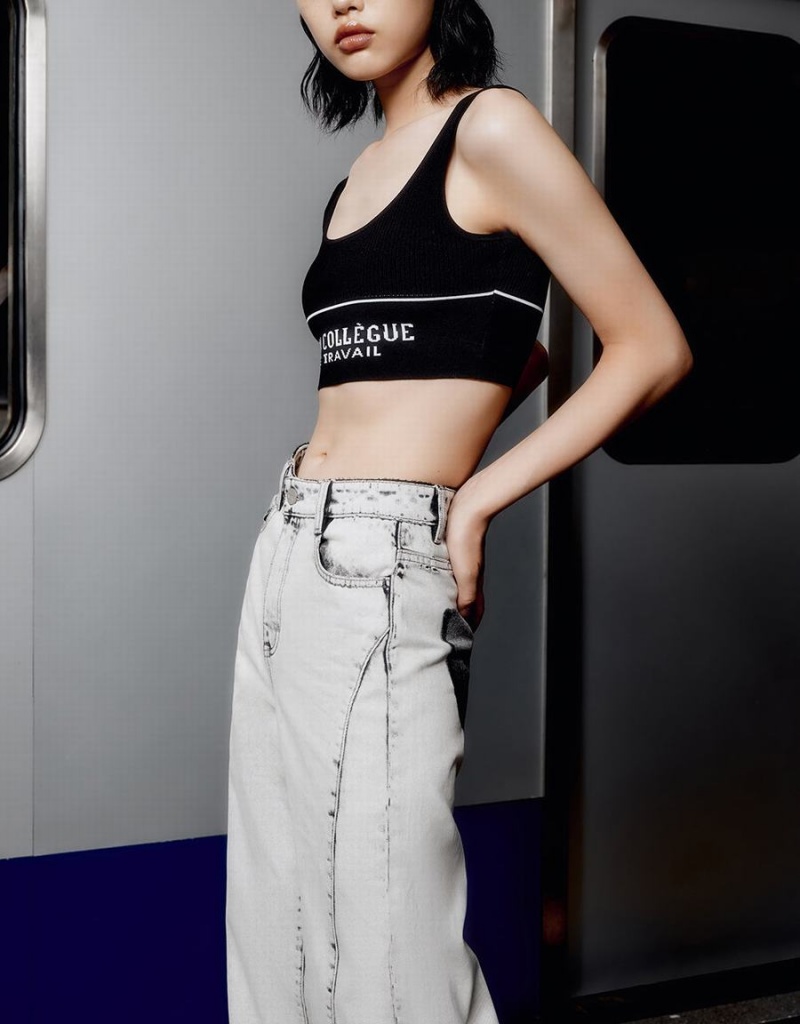 Debardeur Urban Revivo Letter Cropped Femme Noir | DWV5481FL