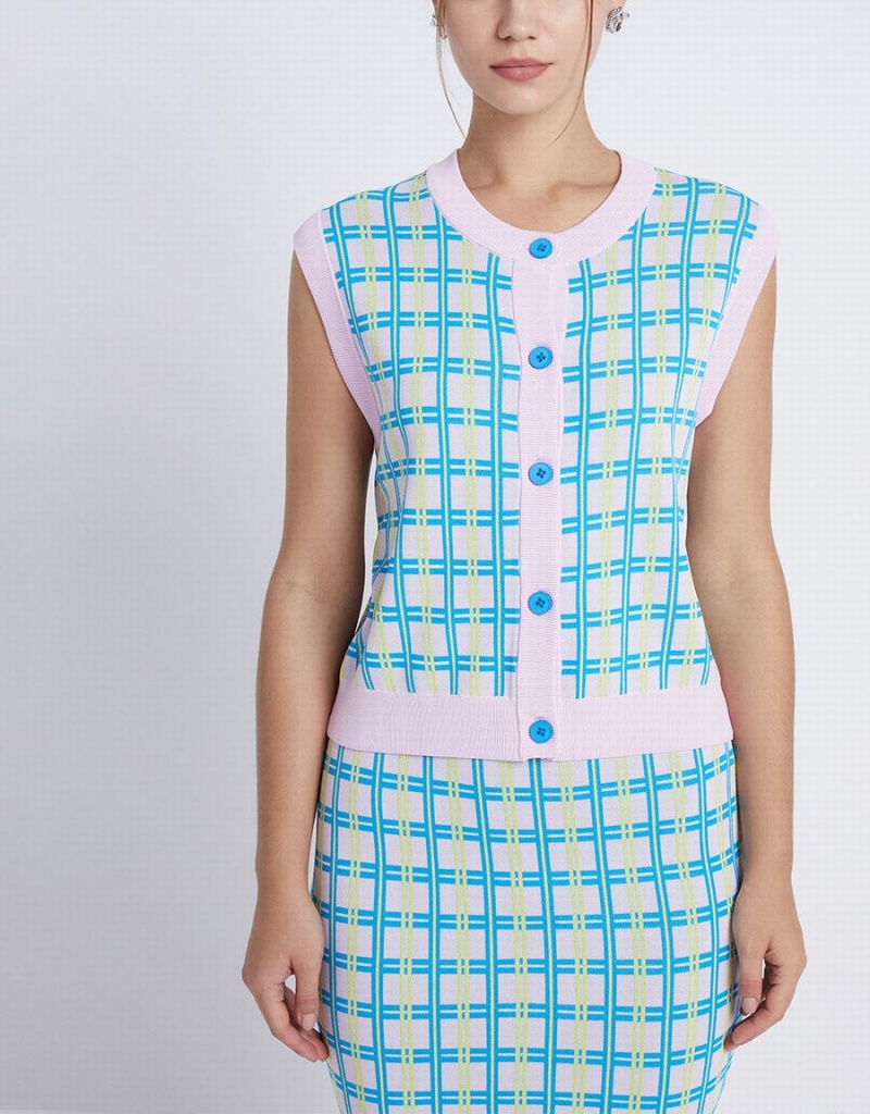 Debardeur Urban Revivo Plaid Tricoté Checkered Femme Bleu | SAM7850QT