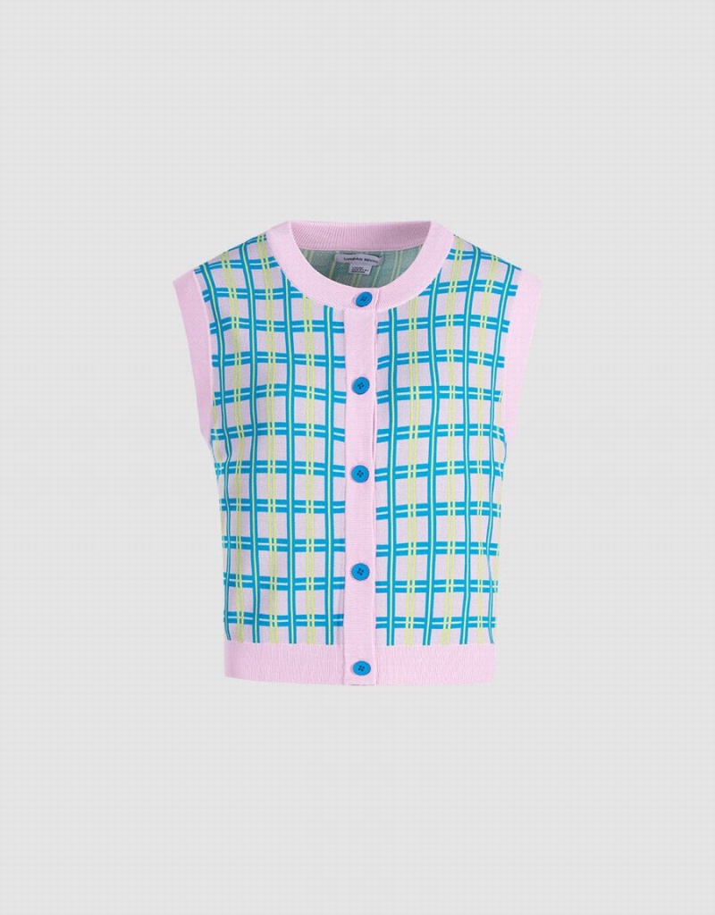 Debardeur Urban Revivo Plaid Tricoté Checkered Femme Bleu | SAM7850QT