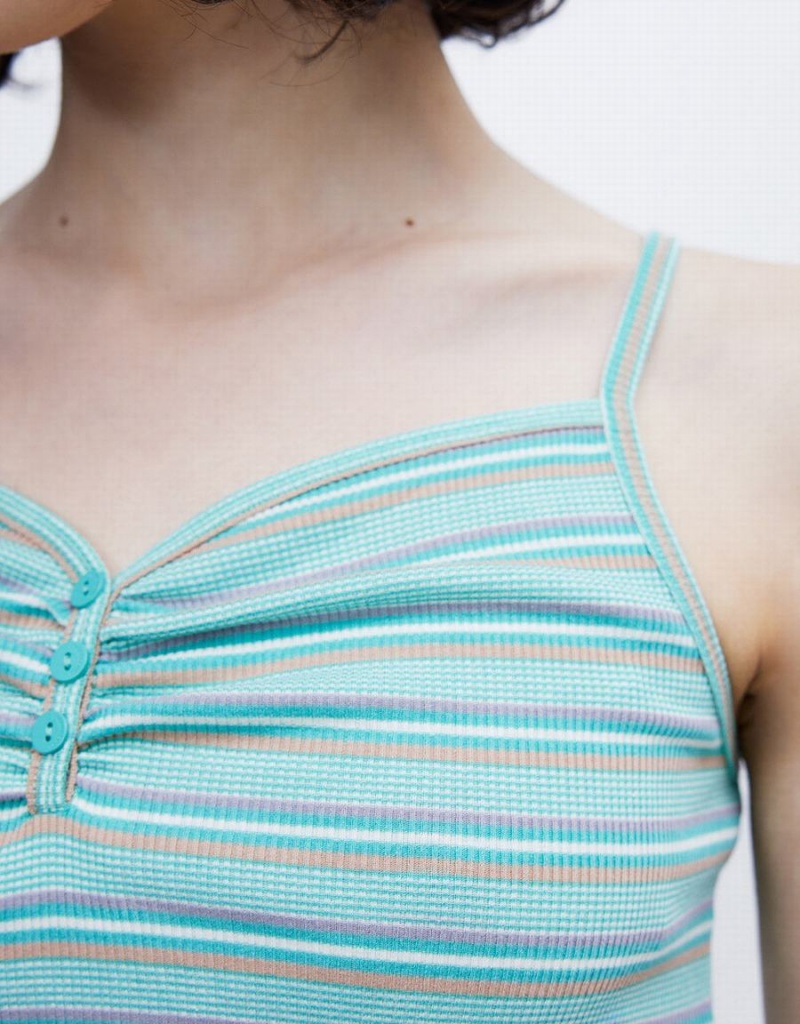Debardeur Urban Revivo Rayé Half Button Tricoté Cami Femme Vert | PRA474PT