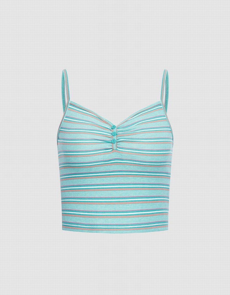 Debardeur Urban Revivo Rayé Half Button Tricoté Cami Femme Vert | PRA474PT
