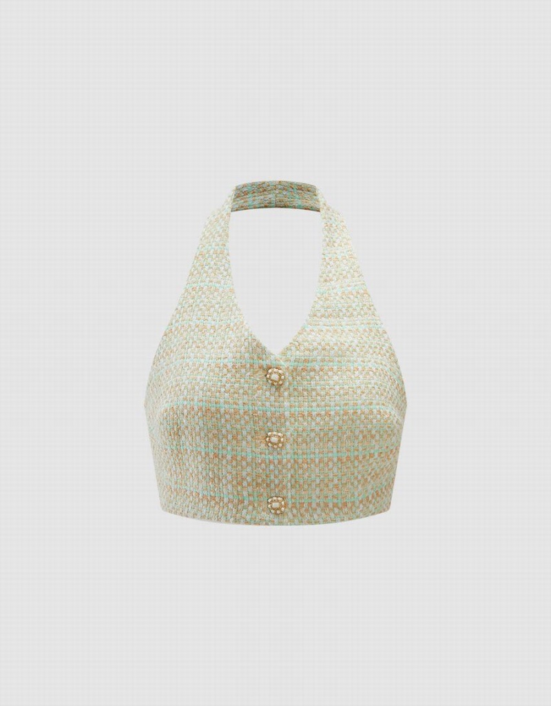 Debardeur Urban Revivo Tweed Halter Femme Vert Multicolore | RDL8280XL