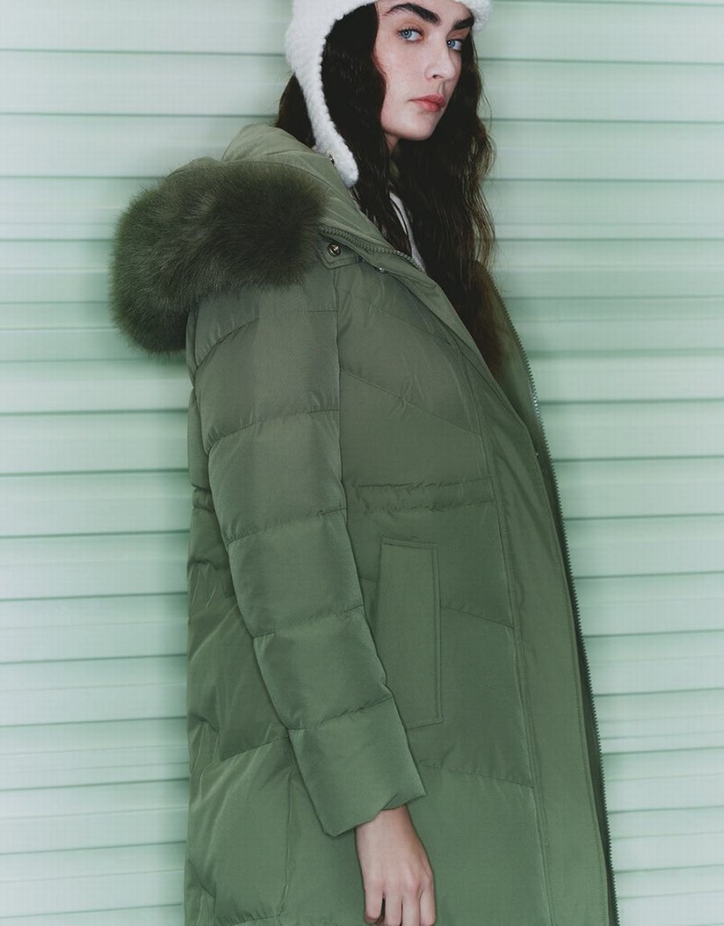 Doudoune Urban Revivo Encapuchonné A-Line With Detachable Furry Collar Femme Vert | KPL5733SB