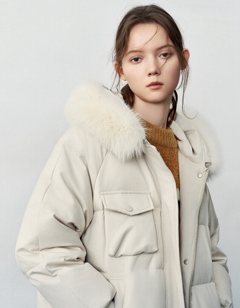 Doudoune Urban Revivo Encapuchonné With Furry Collar Femme Blanche | UDA868JS