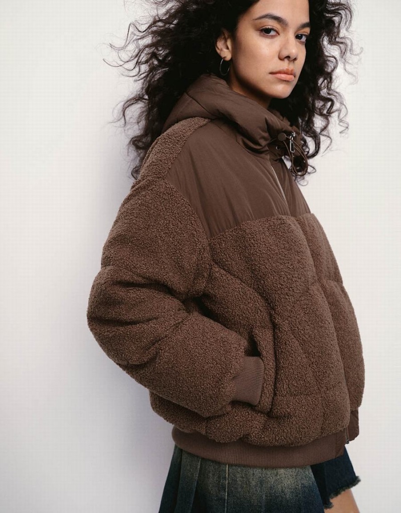 Doudoune Urban Revivo Zippé Front Encapuchonné Femme Marron | GIF681KU