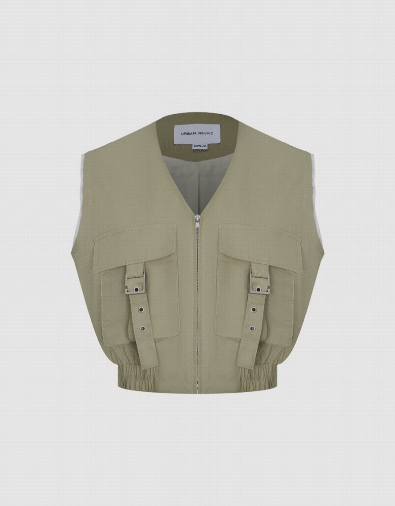 Gilet Urban Revivo Utilities V-Neck Femme Kaki Grise | AJT5288OS