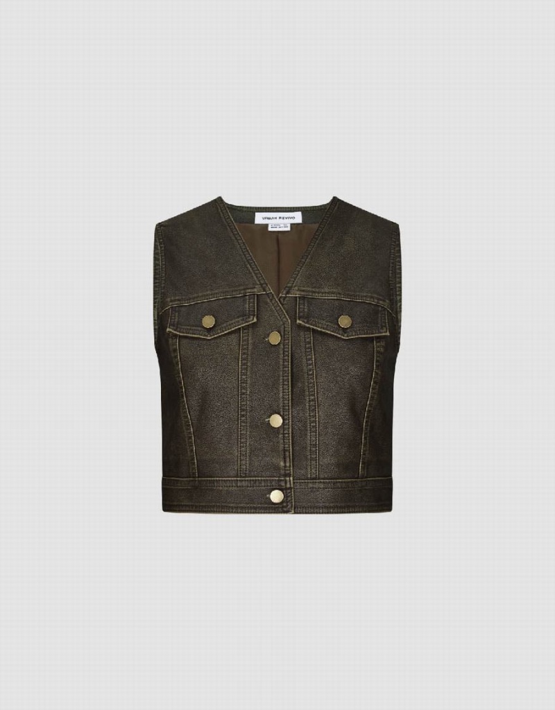 Gilet Urban Revivo Vegan Cuir V-Neck Waistcoat Femme Marron | HKE8415YW