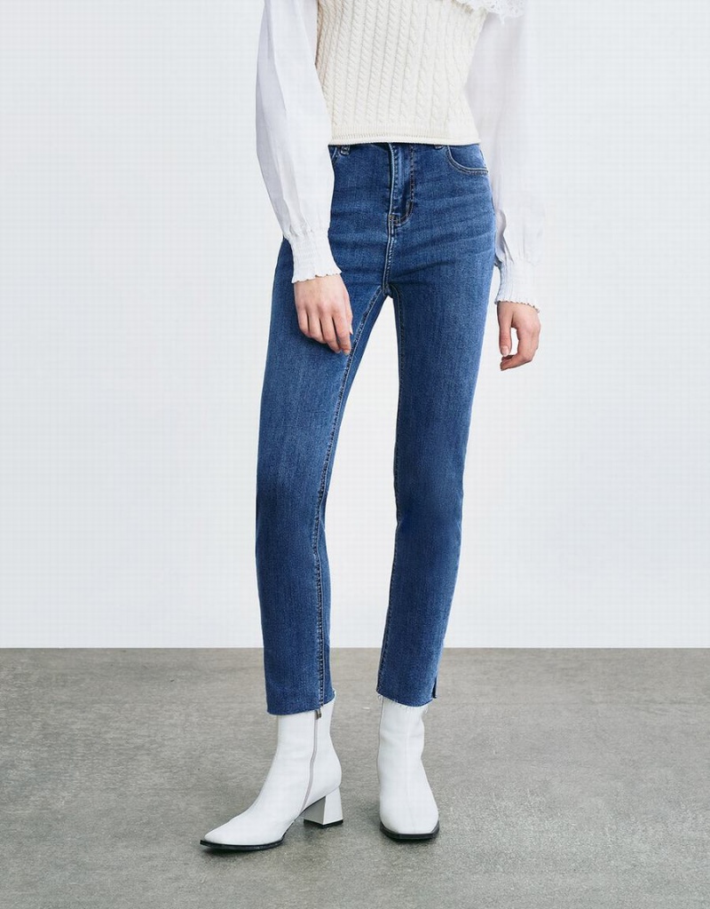 Jean Urban Revivo Raw Hem Mince Femme Bleu | IKN1387GC