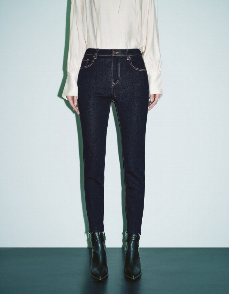 Jean Urban Revivo Raw Hem Mince Femme Bleu | ELS4256XD