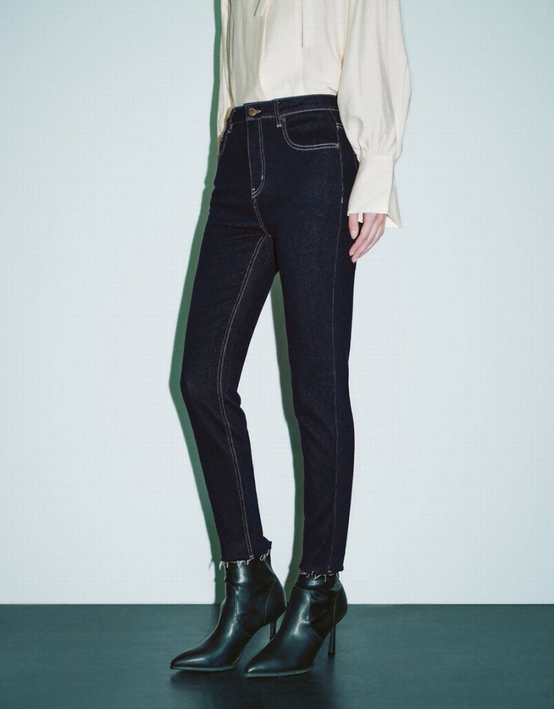 Jean Urban Revivo Raw Hem Mince Femme Bleu | ELS4256XD
