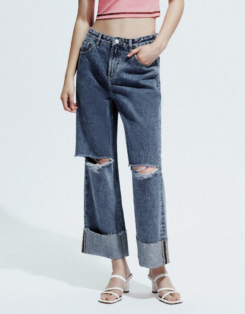 Jean Urban Revivo Ripped Droit Femme Bleu | YUR6538YH