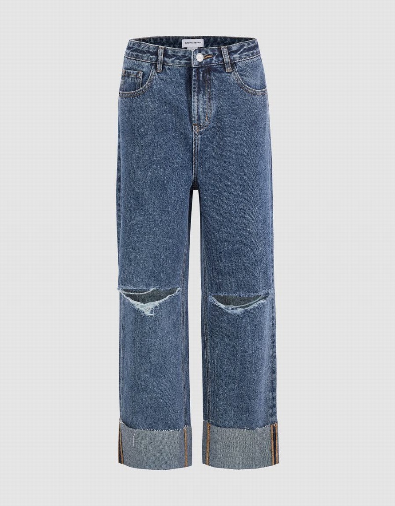 Jean Urban Revivo Ripped Droit Femme Bleu | YUR6538YH