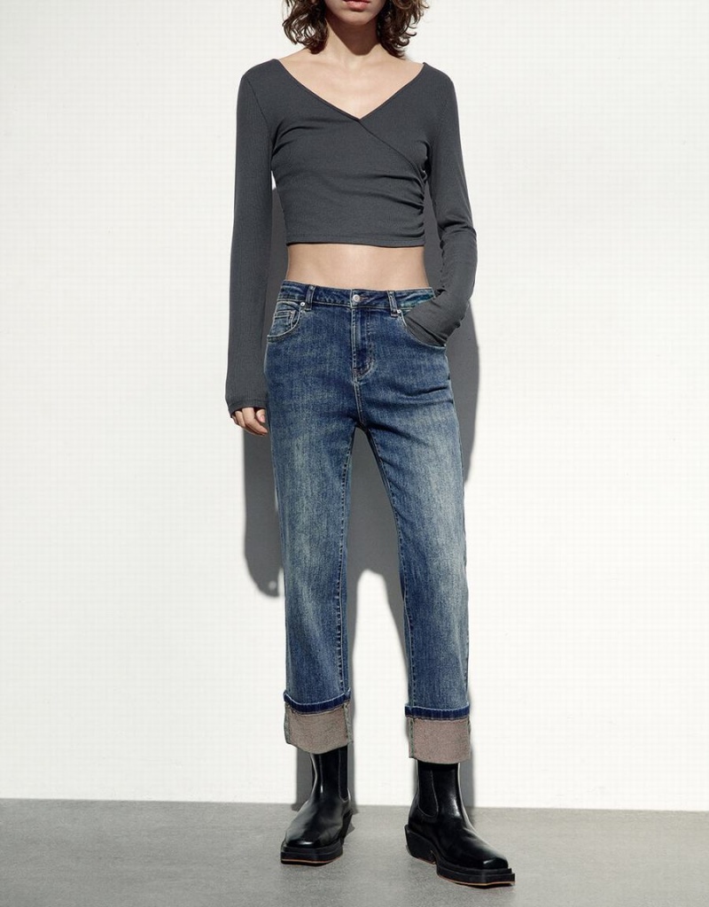Jean Urban Revivo Rolled Up Hem Droit Femme Bleu | CXO1222RU