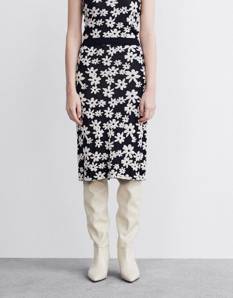 Jupes Urban Revivo Floral Print Knit Femme Noir Blanche | WOJ1148LS