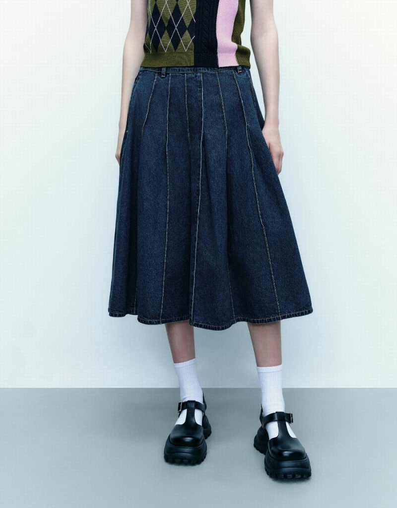 Jupes Urban Revivo Midi A-Line Denim With Belt Femme Bleu | YCA183XQ