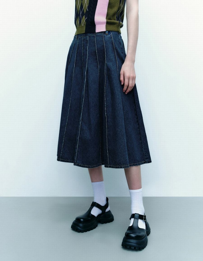Jupes Urban Revivo Midi A-Line Denim With Belt Femme Bleu | YCA183XQ