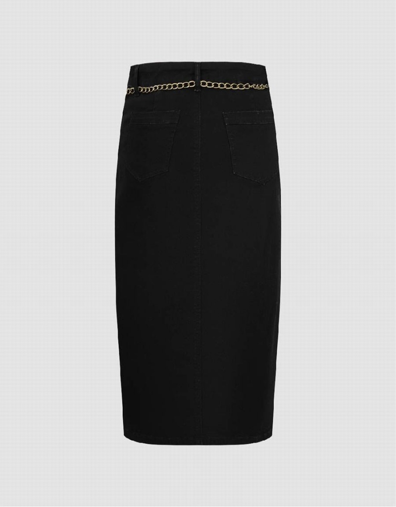 Jupes Urban Revivo Midi Droit Denim With Chain Femme Noir | PUN8095HG
