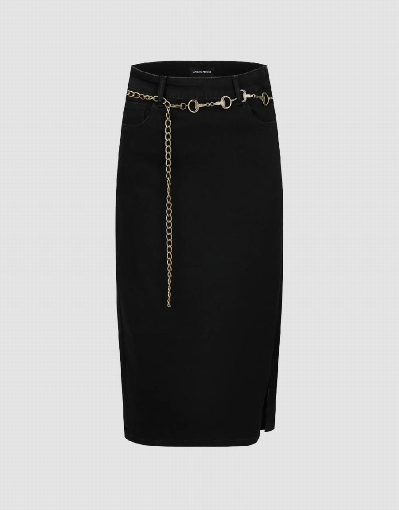 Jupes Urban Revivo Midi Droit Denim With Chain Femme Noir | PUN8095HG