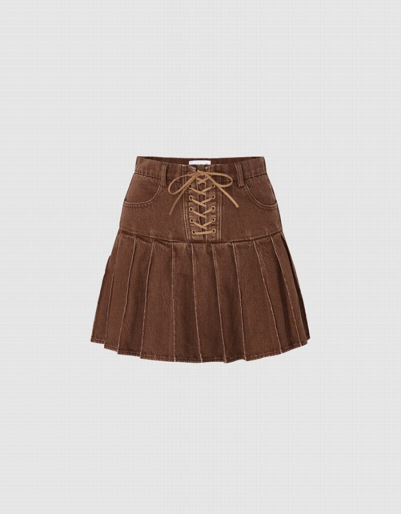 Jupes Urban Revivo Mini A-Line Denim Femme Kaki Marron | JHL5925FX