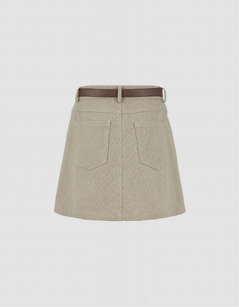 Jupes Urban Revivo Mini A-Line Denim With Belt Femme Kaki | NMI7828VR