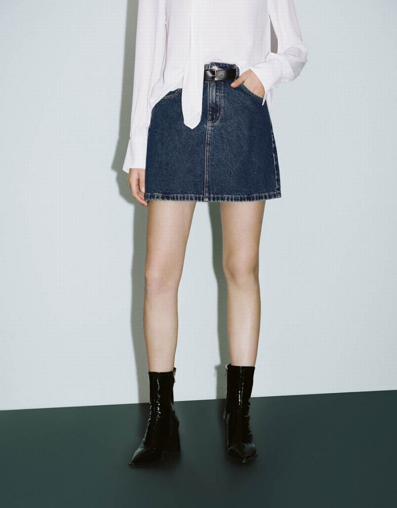 Jupes Urban Revivo Mini A-Line Denim With Belt Femme Bleu | KYG6874UN