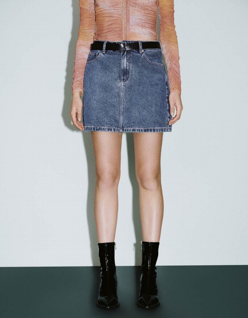 Jupes Urban Revivo Mini A-Line Denim With Belt Femme Bleu | KJH39100MQ
