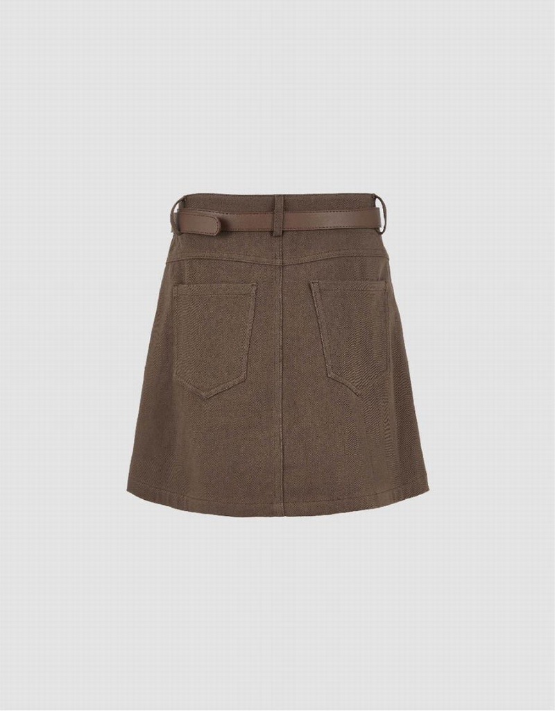 Jupes Urban Revivo Mini A-Line Denim With Belt Femme Marron Foncé | ZGR3821TE
