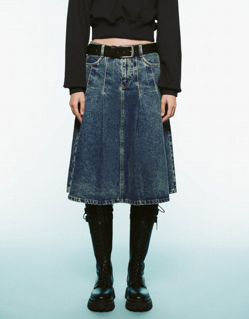 Jupes Urban Revivo Plissé Mini A-Line Denim Femme Bleu | CTI990OW