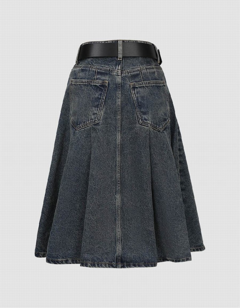 Jupes Urban Revivo Plissé Mini A-Line Denim Femme Bleu | CTI990OW