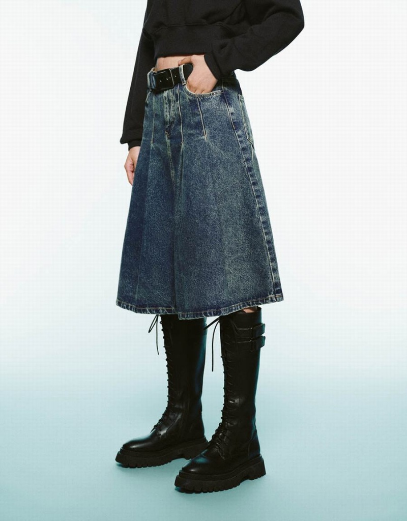 Jupes Urban Revivo Plissé Mini A-Line Denim Femme Bleu | CTI990OW