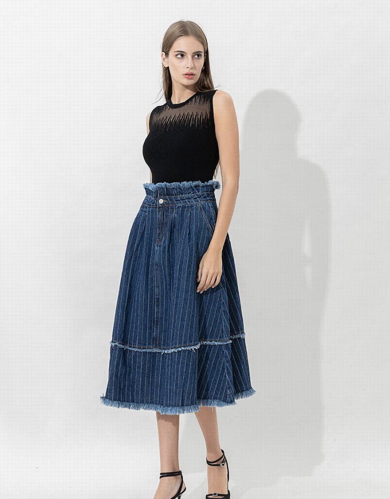 Jupes Urban Revivo Rayé Raw Hem Midi A-Line Denim Femme Bleu Foncé | QUK8797QX