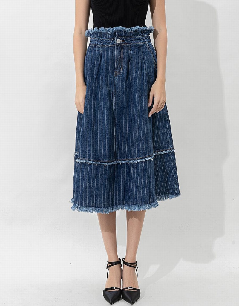 Jupes Urban Revivo Rayé Raw Hem Midi A-Line Denim Femme Bleu Foncé | QUK8797QX