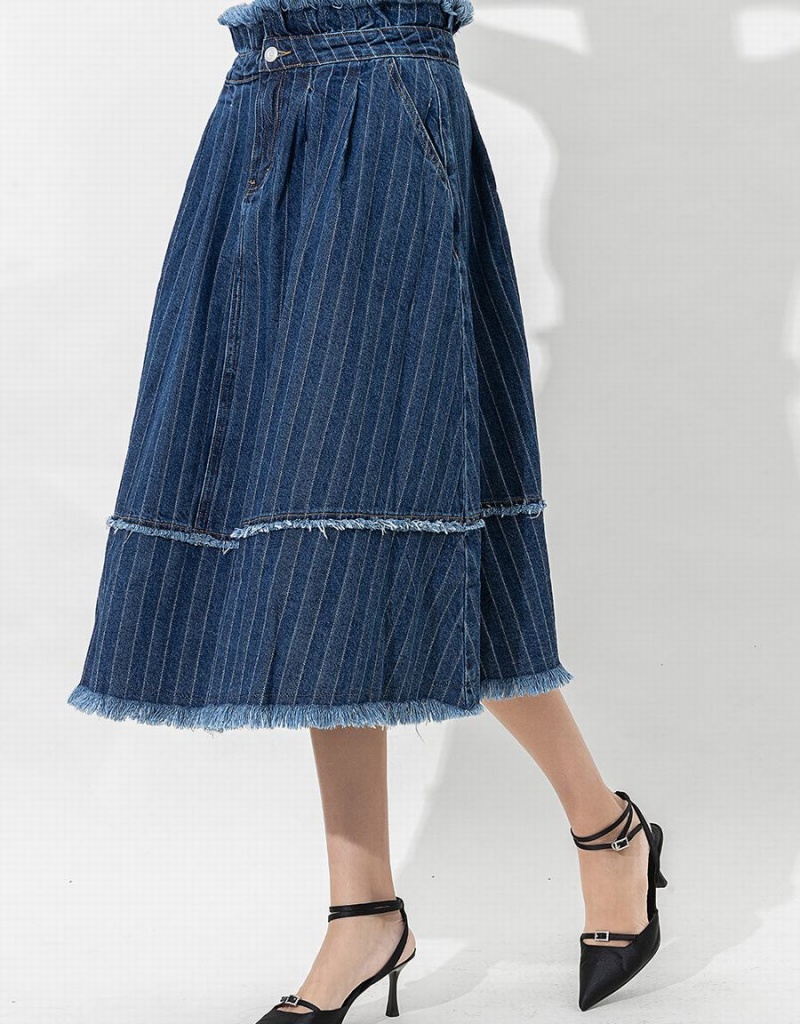 Jupes Urban Revivo Rayé Raw Hem Midi A-Line Denim Femme Bleu Foncé | QUK8797QX