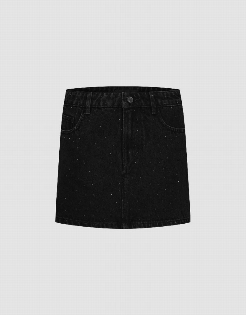 Jupes Urban Revivo Rhinestone Decor Mini Droit Denim Femme Noir | XTA6312YK