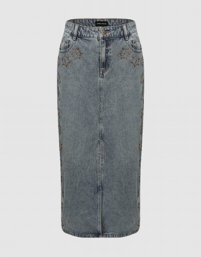 Jupes Urban Revivo Split Hem Midi Droit Denim Femme Bleu | WPL5046OV