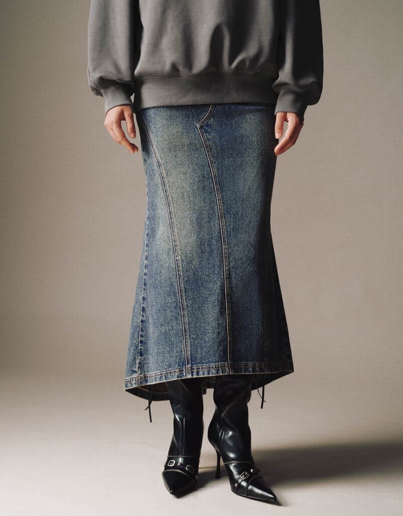 Jupes Urban Revivo Split Hem Midi Fishtail Denim Femme Bleu | YBW1984WF
